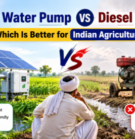 Solar powered water pump for Indian agriculture with solar panels, irrigation pipeline, and farm field in the background