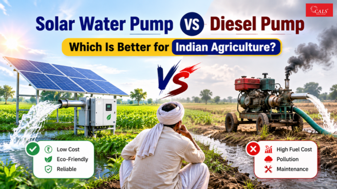 Solar powered water pump for Indian agriculture with solar panels, irrigation pipeline, and farm field in the background